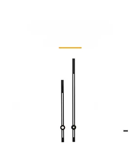 Detail view of two black hollowed-out metal hands for quartz wall clocks or alarms