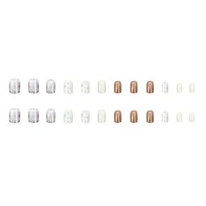 24pcs short round press-on nails with blue marble and white floral patterns