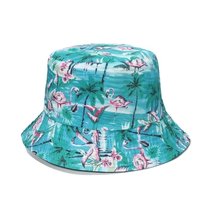 Lake blue bucket hat with flamingo and palm tree patterns for summer beach vacation