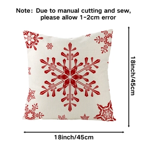 Detail of red snowflake linen pillowcase with 18-inch 45cm size dimension markings