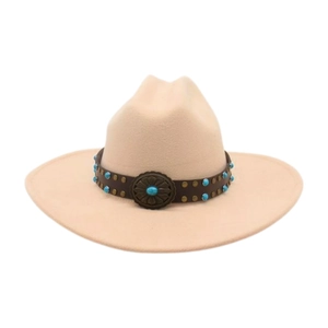 Detail of light beige felt hat featuring brown leather band with turquoise studs
