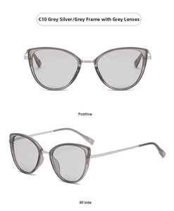 Cat eye sunglasses in grey silver metal frame with translucent grey lenses model C10