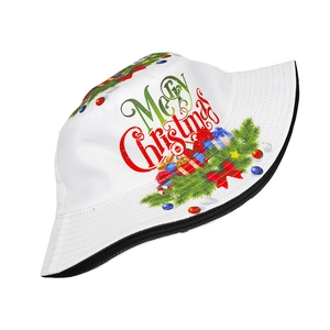 Detail of white Christmas bucket hat featuring Merry Christmas festive print and black lining