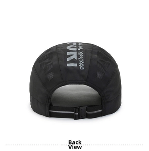 Rear view of black breathable mesh beret cap with adjustable strap and PURI logo