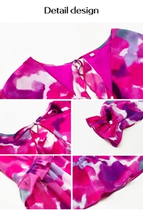 Detail design showing V-neck with ties and colorful floral print on chiffon fabric