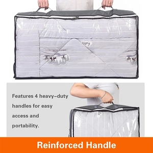 Detail of grey non-woven storage box with reinforced handles and transparent window