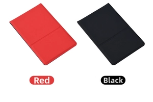 Detail view of red and black tri-fold PU leather makeup mirrors with anti-slip texture