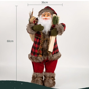 Detailed dimensions of 60cm Santa Claus doll with red plaid jacket and wooden skis