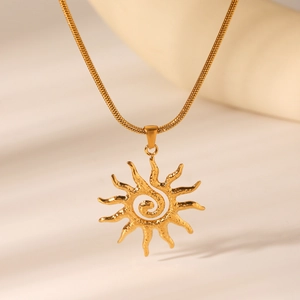 Gold stainless steel snake chain necklace with hammered sun spiral pendant
