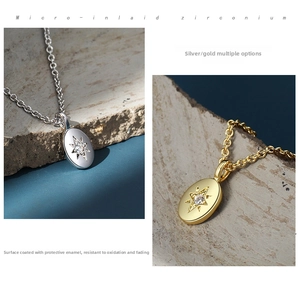 Macro view of oval star necklaces with micro-set zircon in silver and gold finishes