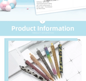 Close-up of luxury rhinestone ballpoint pens in leopard print and metallic colors