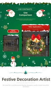 Close-up of Merry Christmas window sticker with a festive wreath, bells, and golden reindeer