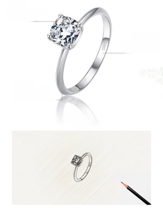 Detailed sketch and 3D render of a S925 sterling silver cushion cut zircon ring