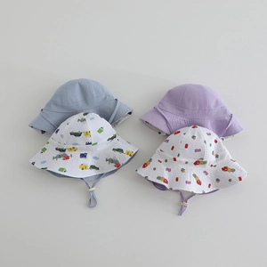 Kids reversible bucket hats with cartoon car prints and adjustable chin straps
