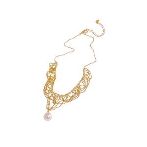 French vintage gold lace necklace featuring a delicate pearl pendant and adjustable chain