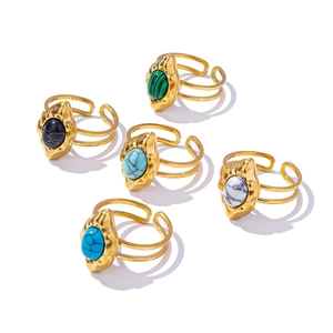 Adjustable 304 stainless steel rings set with colorful oval stones and hammered texture