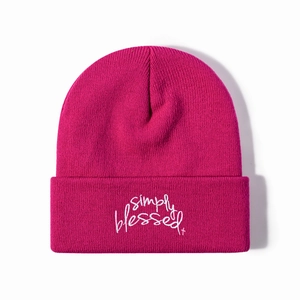Winter knitted beanie in rose pink with white simply blessed embroidery and cuffed brim