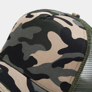 Close-up of woodland camouflage baseball cap featuring breathable nylon mesh back panels