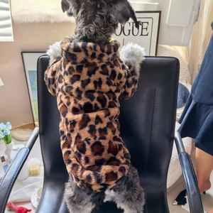 Thick leopard print dog winter coat with hood, plush fleece jacket for small pets