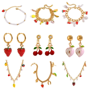 Colorful stainless steel fruit jewelry set with strawberry cherry and peach pendants
