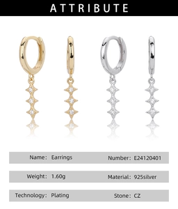 Tableau des attributs détaillés des boucles d'oreilles étoile en argent 925 et CZ