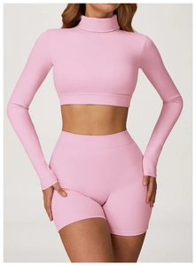Detail von rosa langärmeligem Crop-Top und High-Waist-Shorts für Yoga und Fitness