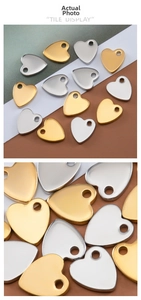 Detailed close-up of gold and silver heart-shaped stainless steel pendants with mirror finish
