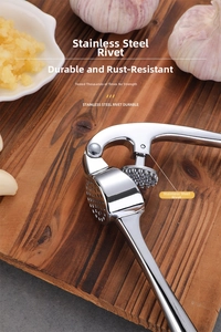 Close-up of a stainless steel garlic press with reinforced rivets on a wooden board