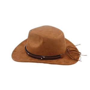 Classic brown suede western cowboy hat with decorative riveted band and side tassels
