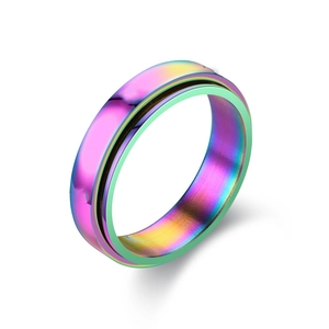Detail of a rainbow-colored spinning titanium steel ring with vibrant gradient surface