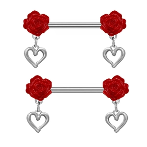 Detailed view of nipple rings featuring red roses and heart-shaped pendants on silver bars