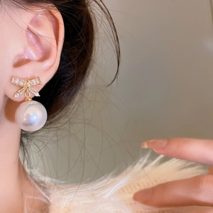 Elegant bow zircon drop earrings with large white pearls and gold plating for women