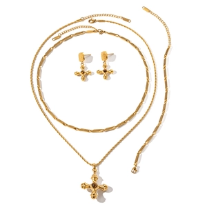 French vintage stainless steel jewelry set with natural stone cross necklace and earrings