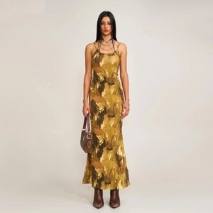 Faded camouflage maxi slip dress with adjustable straps and slim fit silhouette