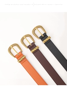 Three-piece leather belt set for women featuring vintage gold twisted metal buckles