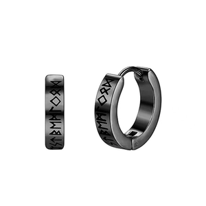 Detailed view of black titanium steel ear clip with engraved Norse runes and matte finish