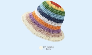 Detailed texture of rainbow hand-woven bucket hat featuring a rice white brim finish