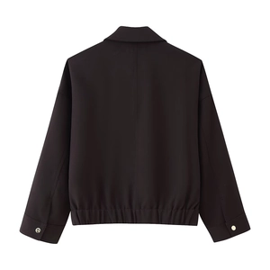 Women's black short jacket with back center seam design and elastic gathered hem detail
