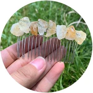 Natural yellow crystal stone hair comb with 20 teeth handmade wire wrapped hair accessory