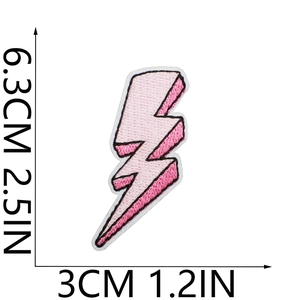 Detail showing dimensions of the pink lightning bolt embroidered patch on white background