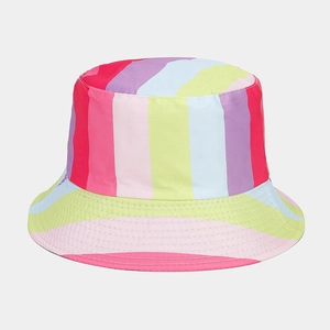Detailed close-up of rainbow striped reversible bucket hat with high quality stitching