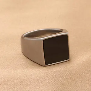 Punk vintage titanium steel square signet ring with large black glass stone inlay