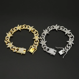 Hip hop iced out star cuban link bracelets in gold and silver finish with rhinestones