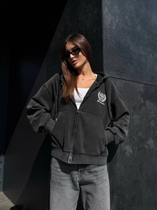 Washed charcoal grey zip hoodie with letter embroidery and high street drop shoulder fit