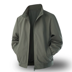 Army green casual men's lightweight bomber jacket with stand collar and ribbed cuffs