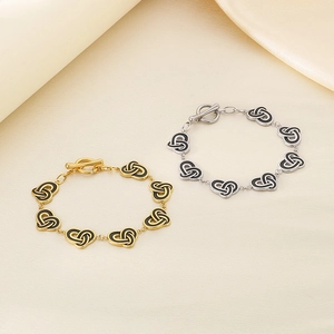 Retro stainless steel knotted heart bracelet with geometric OT buckle in gold and silver