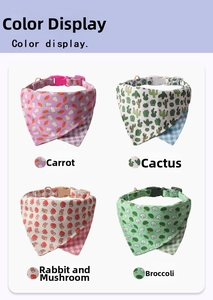 Detail of double-sided cotton dog bandana collars with colorful buckles and cartoon prints