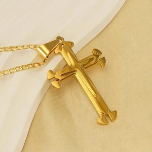 Cross Pendant Necklace 18K Gold Plated Stainless Steel 3D Layered Retro Religious Jewelry For Men Women