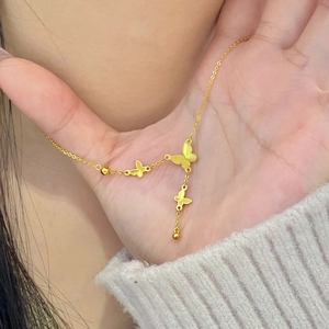 French style 18K gold butterfly tassel titanium necklace with textured butterfly pendants