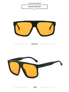 Front and side view of oversized square black frame sunglasses with orange tint lenses